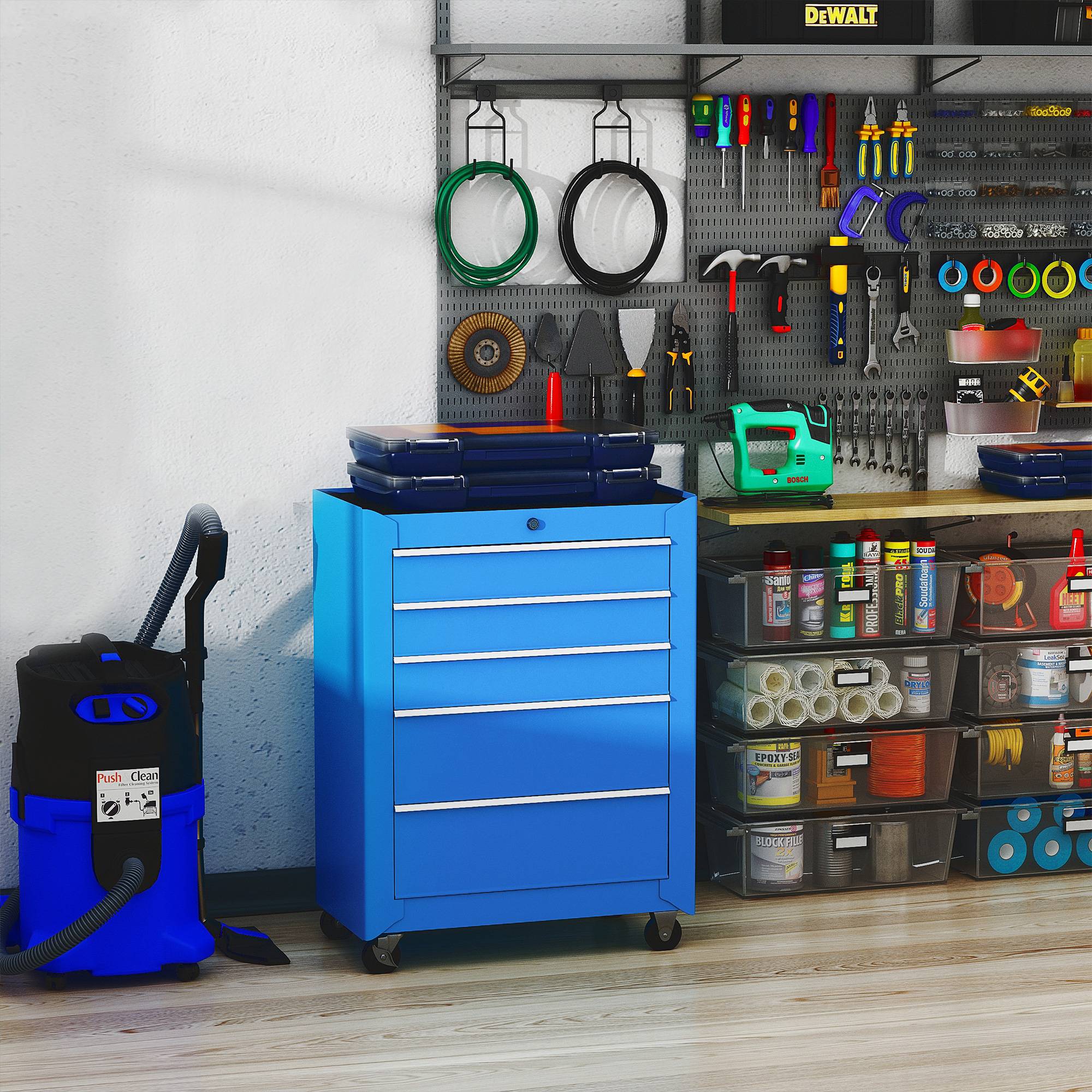 Sans Marque - Armoire outils, caisse, 5 tiroirs, roulant, acier, bleu - Image 3