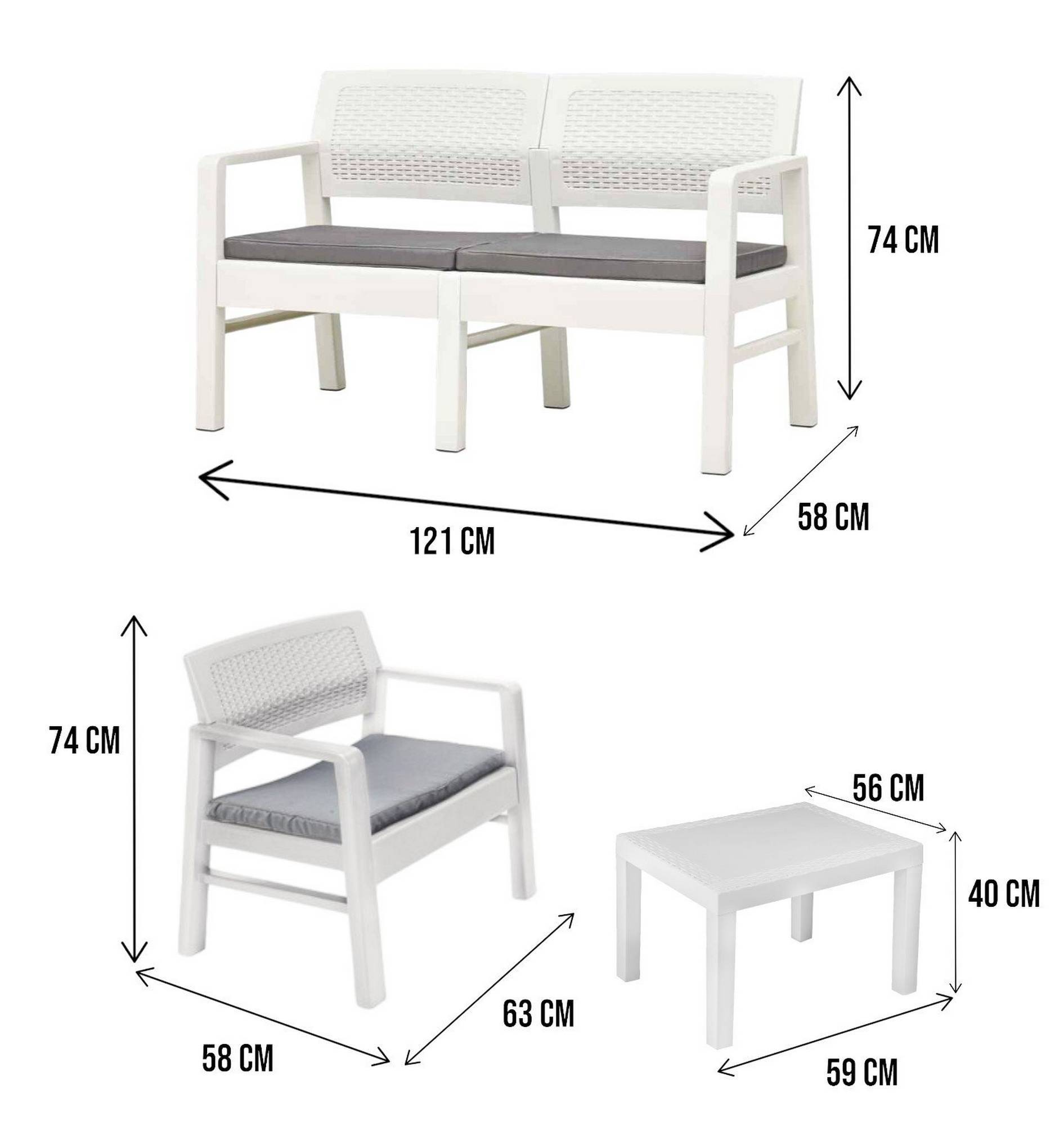 Dmora - Salon d'extérieur Dauter, Composition de jardin avec 2 fauteuils, 1 canapé et 1 table basse, Salon effet rotin avec coussins, Blanc - Dmora - Imagen 3