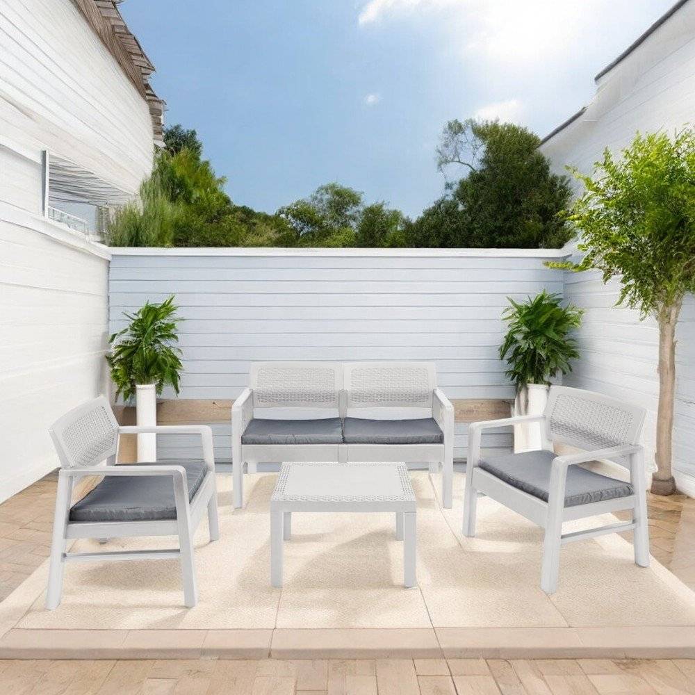 Dmora - Salon d'extérieur Dauter, Composition de jardin avec 2 fauteuils, 1 canapé et 1 table basse, Salon effet rotin avec coussins, Blanc - Dmora - Imagen 5