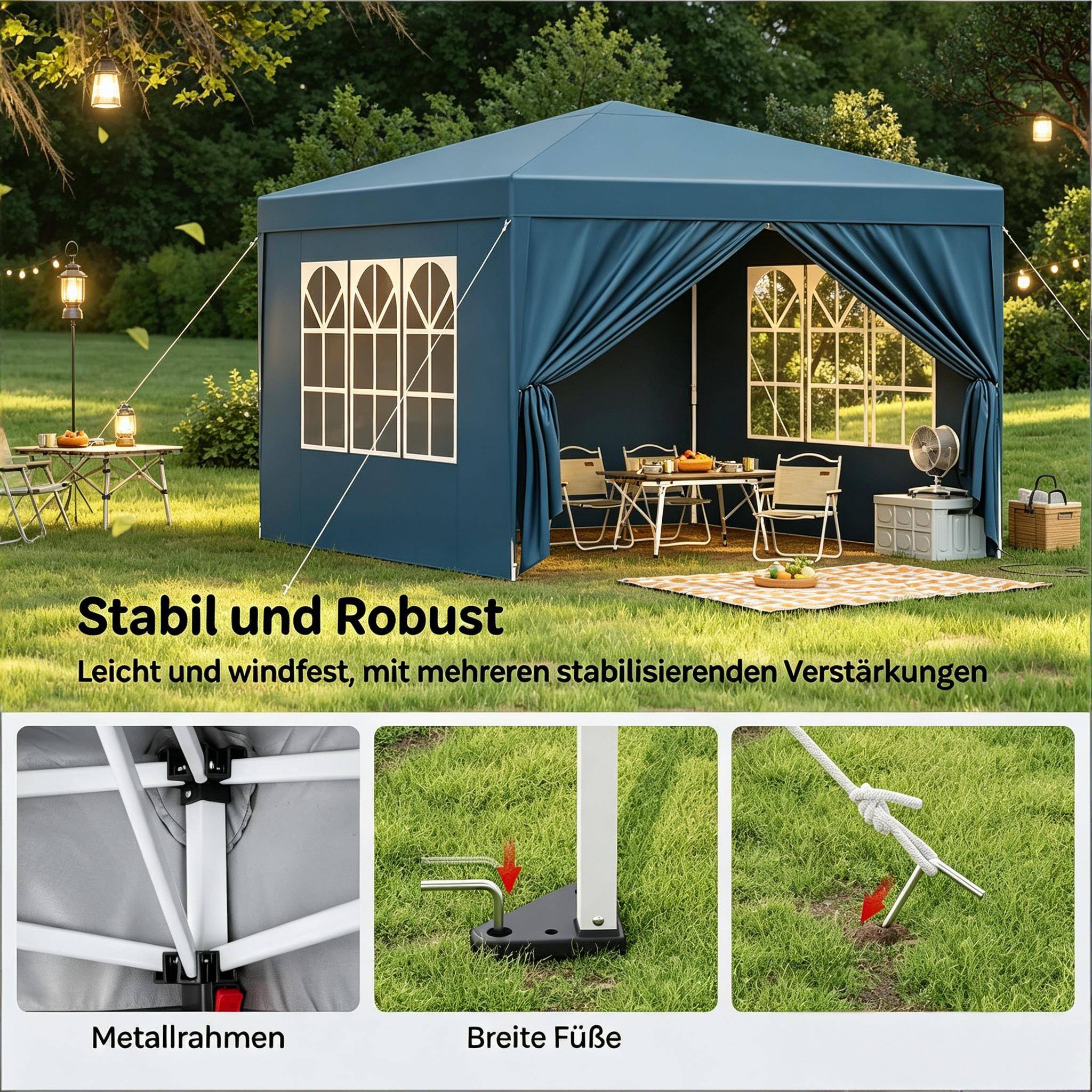 ComfortXL - Tonnelle pliante acier tissu Oxford jardin événement imperméable anti-UV 3x3m bleu - ComfortXL Outdoor Living - Image 4