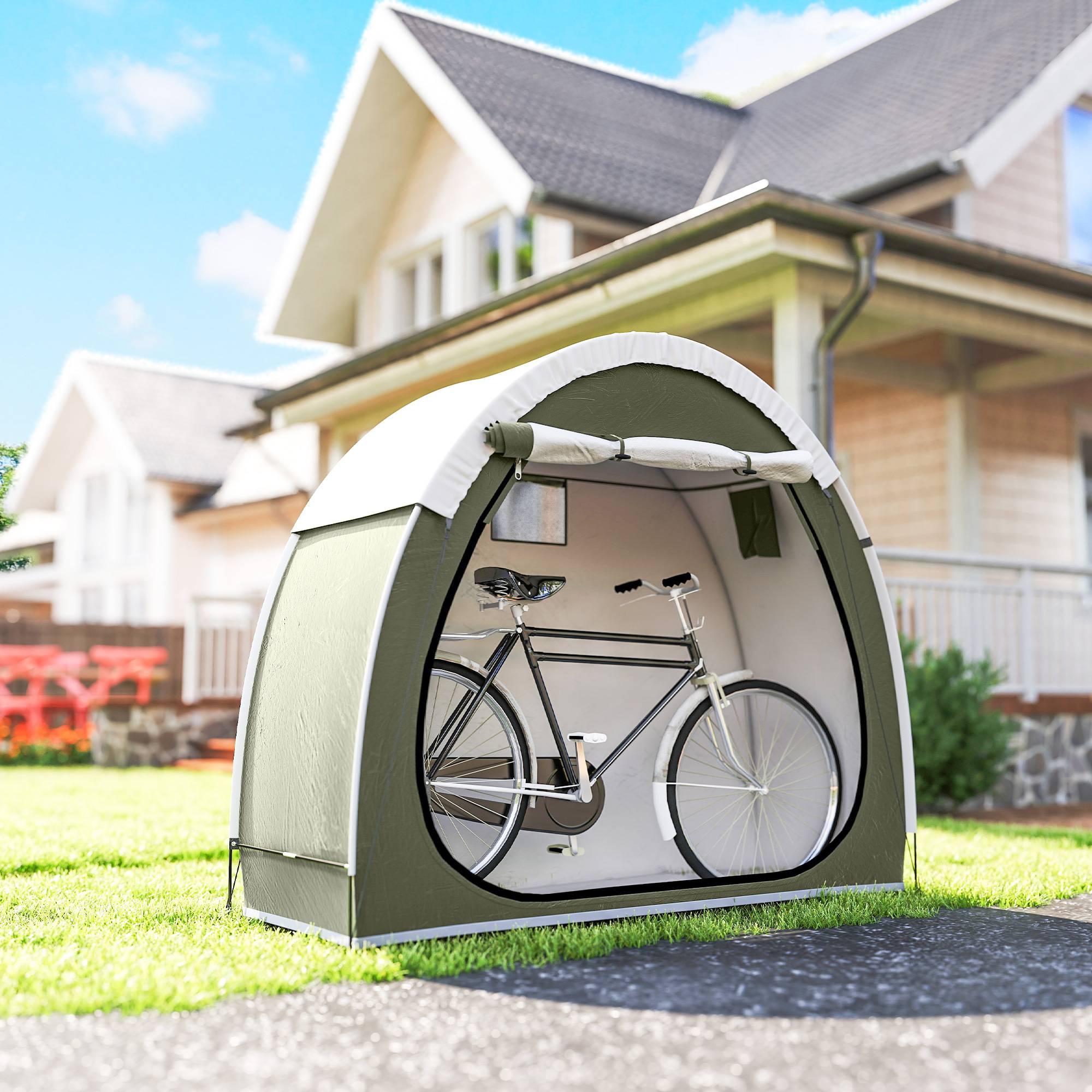 Tente à Vélo Abri de Vélo Portable pour 2 Vélos Imperméable avec poche sac transport Tissu Oxford 200 x 80 x 170 cm vert - Image 3