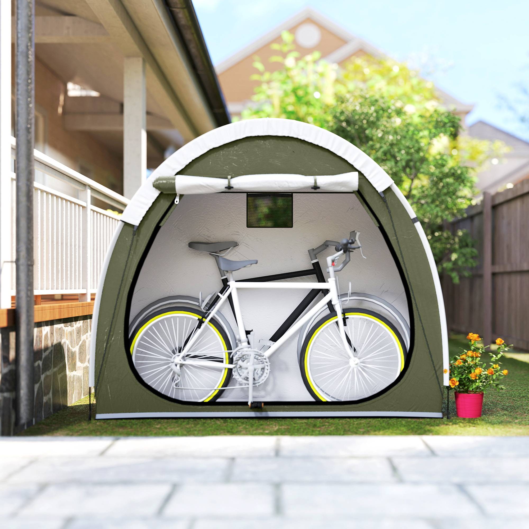 Tente à Vélo Abri de Vélo Portable pour 2 Vélos Imperméable avec poche sac transport Tissu Oxford 200 x 80 x 170 cm vert - Image 10