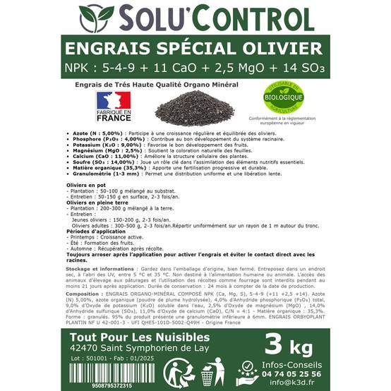 SOLU’CONTROL - ENGRAIS Spécial OLIVIER 3 kg - Formulation haute qualité Organo-Minerale - NPK 5-4-9 - Utilisable en Agriculture Biologique - Image 3