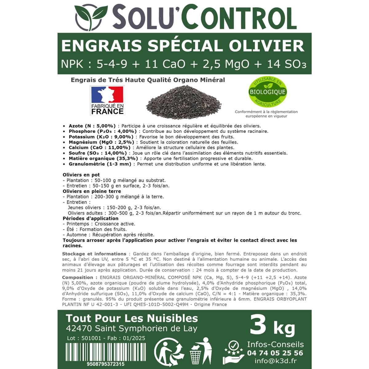 SOLU’CONTROL - ENGRAIS Spécial OLIVIER 3 kg - Formulation haute qualité Organo-Minerale - NPK 5-4-9 - Utilisable en Agriculture Biologique - Image 3
