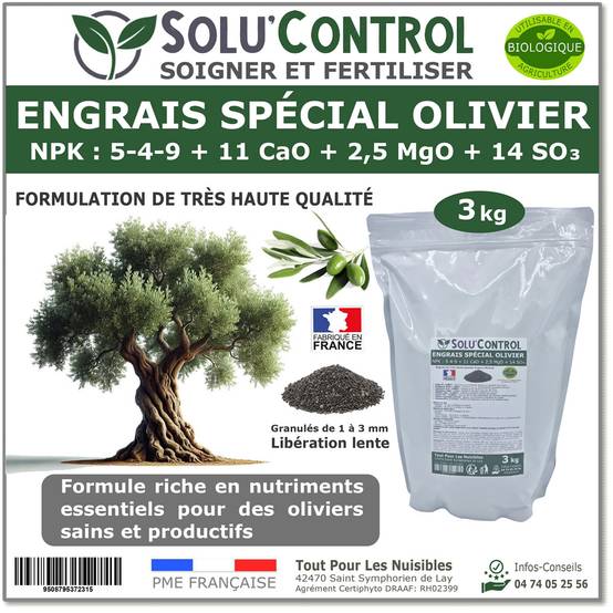 SOLU’CONTROL - ENGRAIS Spécial OLIVIER 3 kg - Formulation haute qualité Organo-Minerale - NPK 5-4-9 - Utilisable en Agriculture Biologique - Image 1