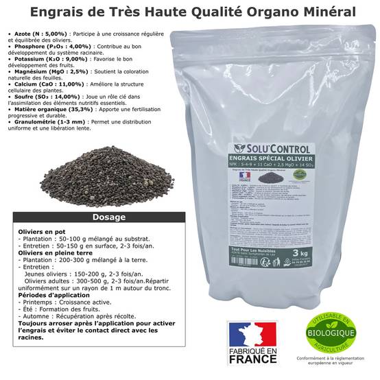 SOLU’CONTROL - ENGRAIS Spécial OLIVIER 3 kg - Formulation haute qualité Organo-Minerale - NPK 5-4-9 - Utilisable en Agriculture Biologique - Image 2
