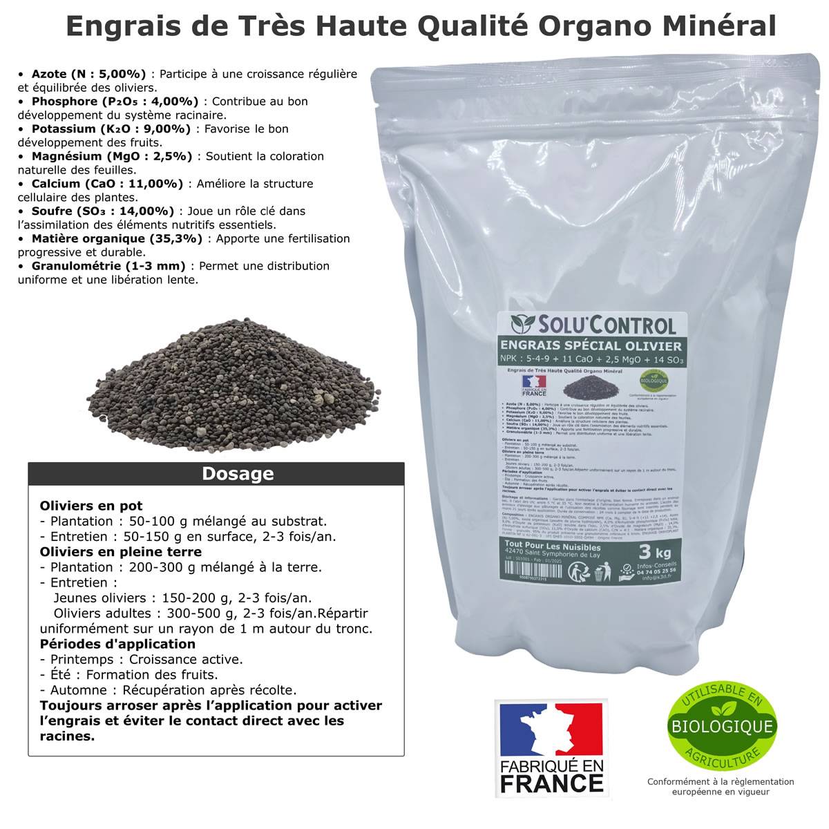 SOLU’CONTROL - ENGRAIS Spécial OLIVIER 3 kg - Formulation haute qualité Organo-Minerale - NPK 5-4-9 - Utilisable en Agriculture Biologique - Image 2