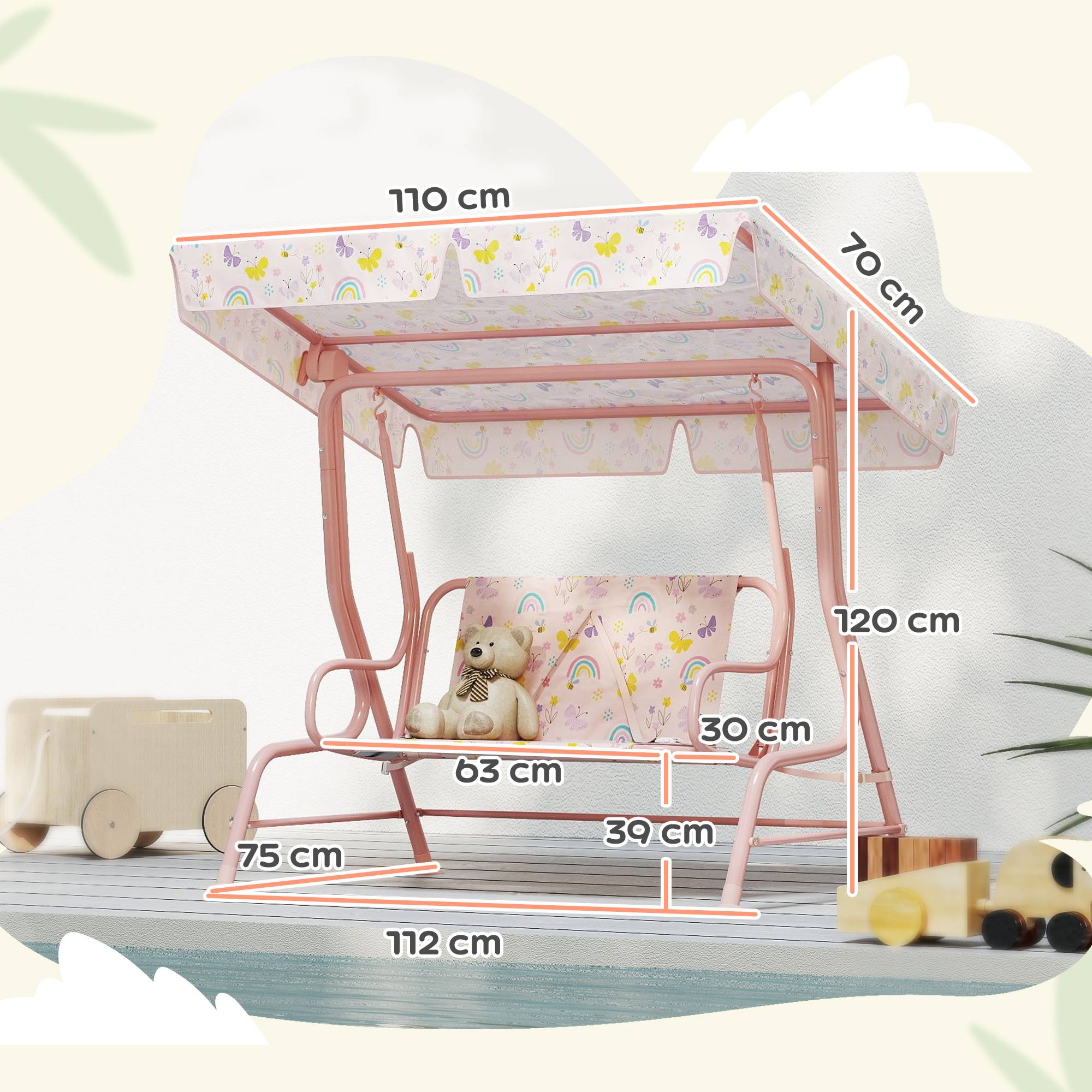 Balançoire hollywood enfant cadre acier 2 places, charge max 60 kg, rose - Image 5