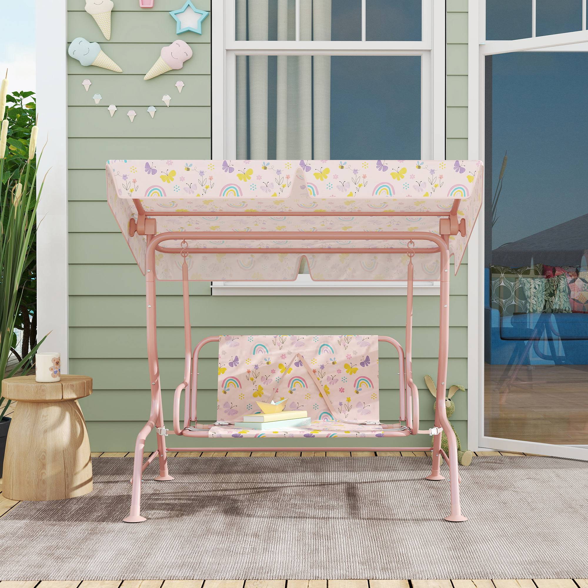 Balançoire hollywood enfant cadre acier 2 places, charge max 60 kg, rose - Image 10