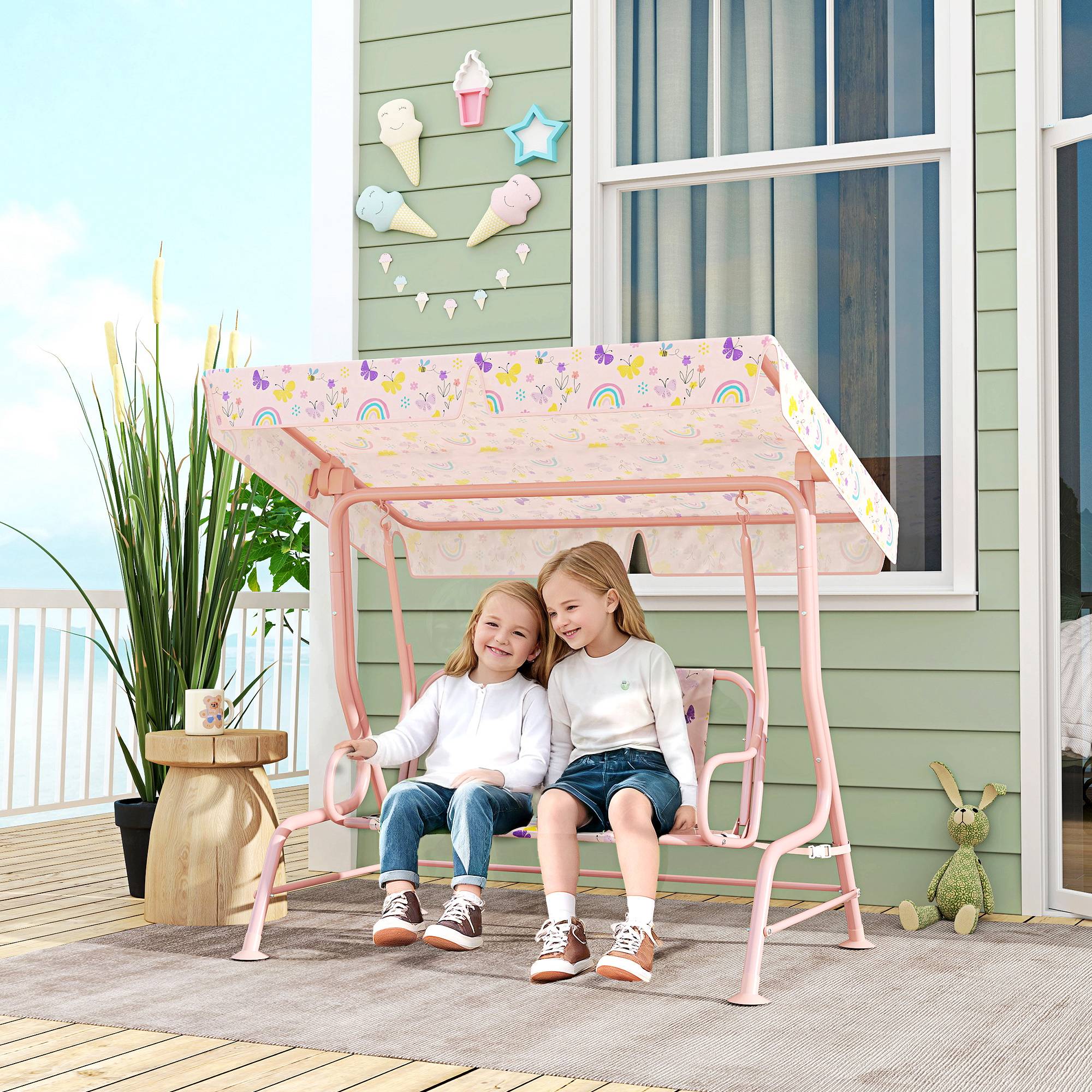 Balançoire hollywood enfant cadre acier 2 places, charge max 60 kg, rose - Image 3