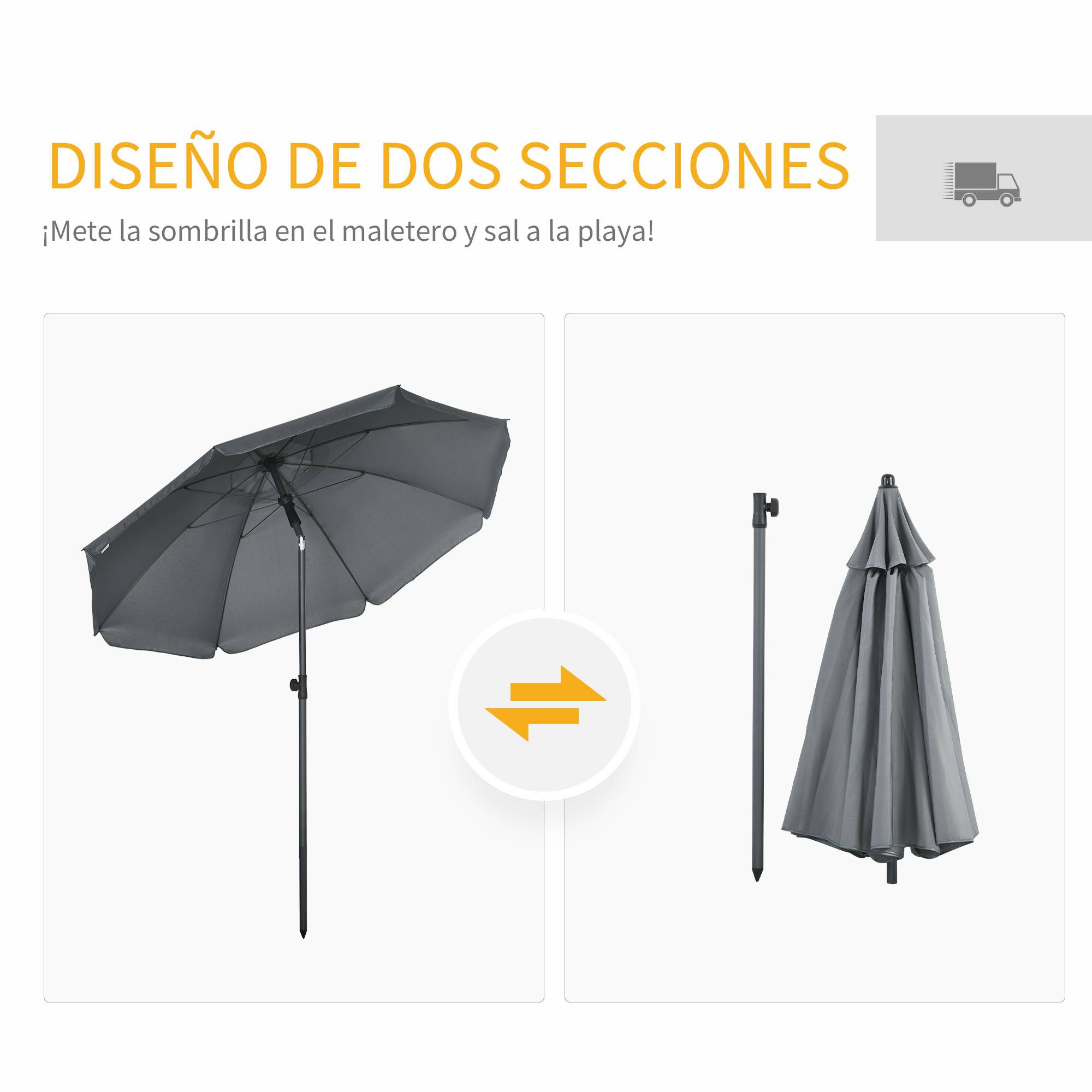 Parasol de plage avec protection UV50+, mât de 32 mm de diamètre et toile réglable 180 x 209 cm, gris foncé - Image 10