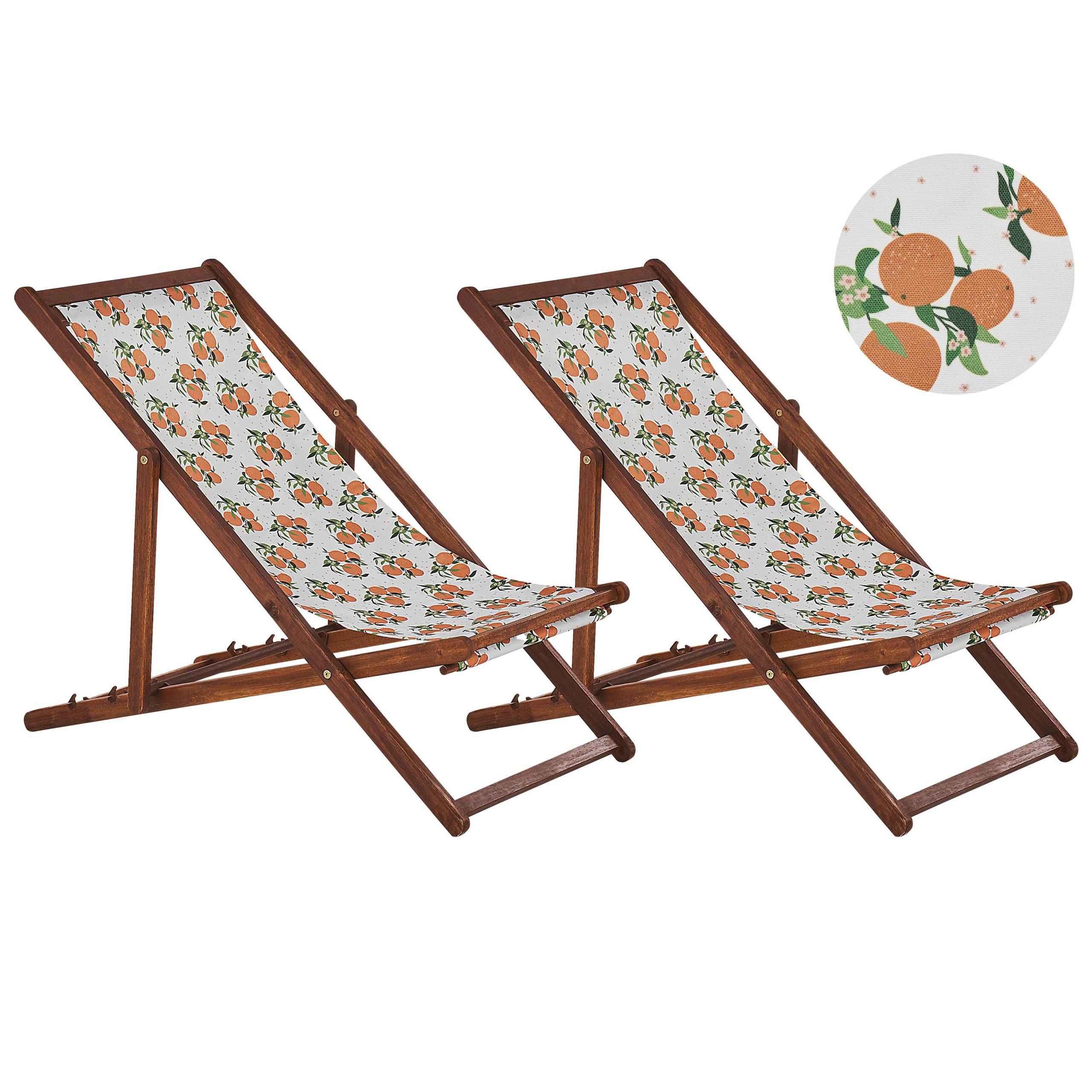 Beliani - 2 Transats Chiliennes Pliantes et Réglables en Bois d'Acacia Foncé et Textile Motif Oranges avec Toiles de Remplacement - Imagen 1