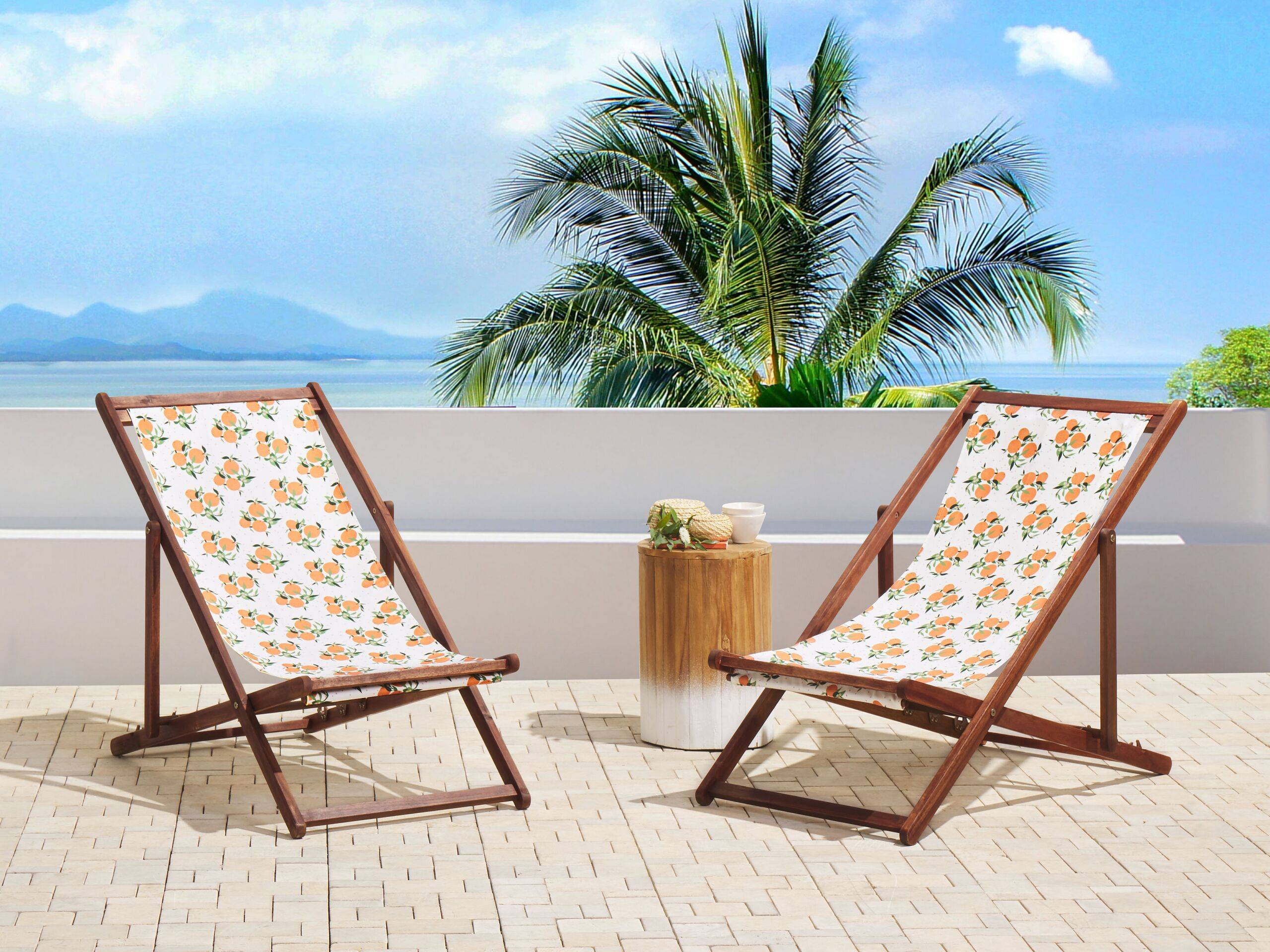 Beliani - 2 Transats Chiliennes Pliantes et Réglables en Bois d'Acacia Foncé et Textile Motif Oranges avec Toiles de Remplacement - Imagen 2