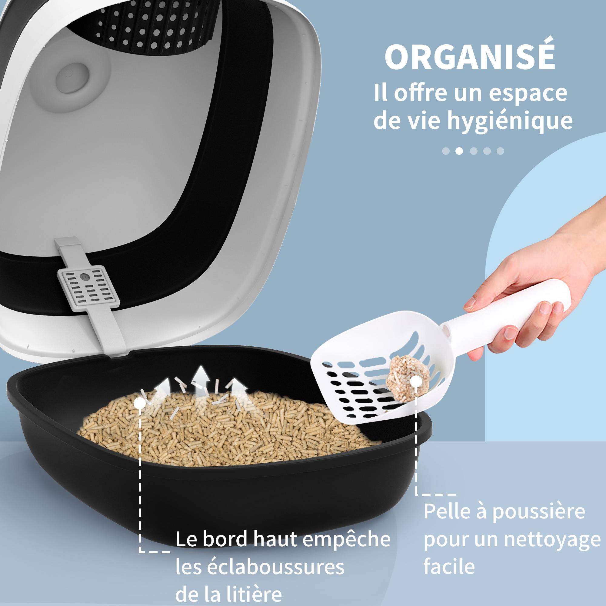 Bac à Litière Pliable et Portable pour Chat avec Double Entrée et Pelle Noir - ComfortXL Outdoor Living - Image 7