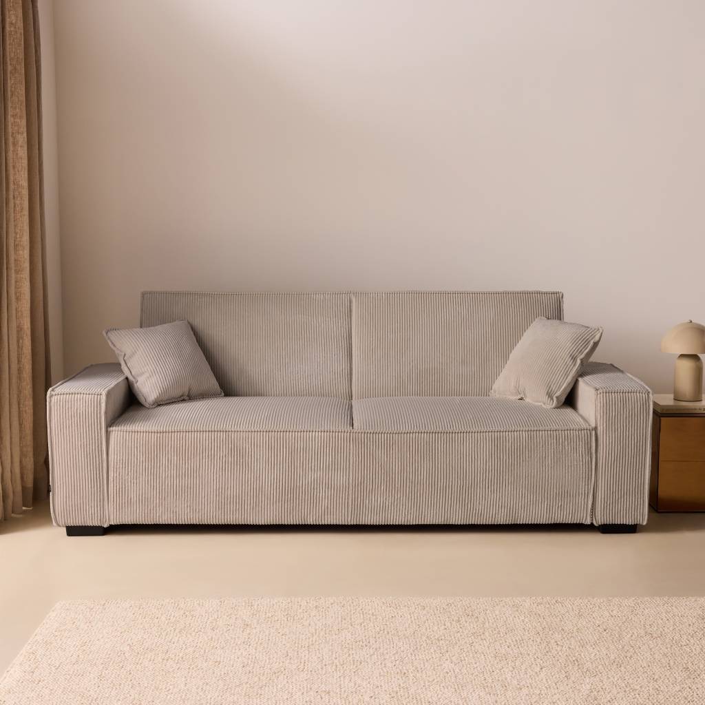sweeek - Canapé convertible 3 places beige velours côtelé L 231 x P 96.5 x H 80cm | sweeek - Image 1
