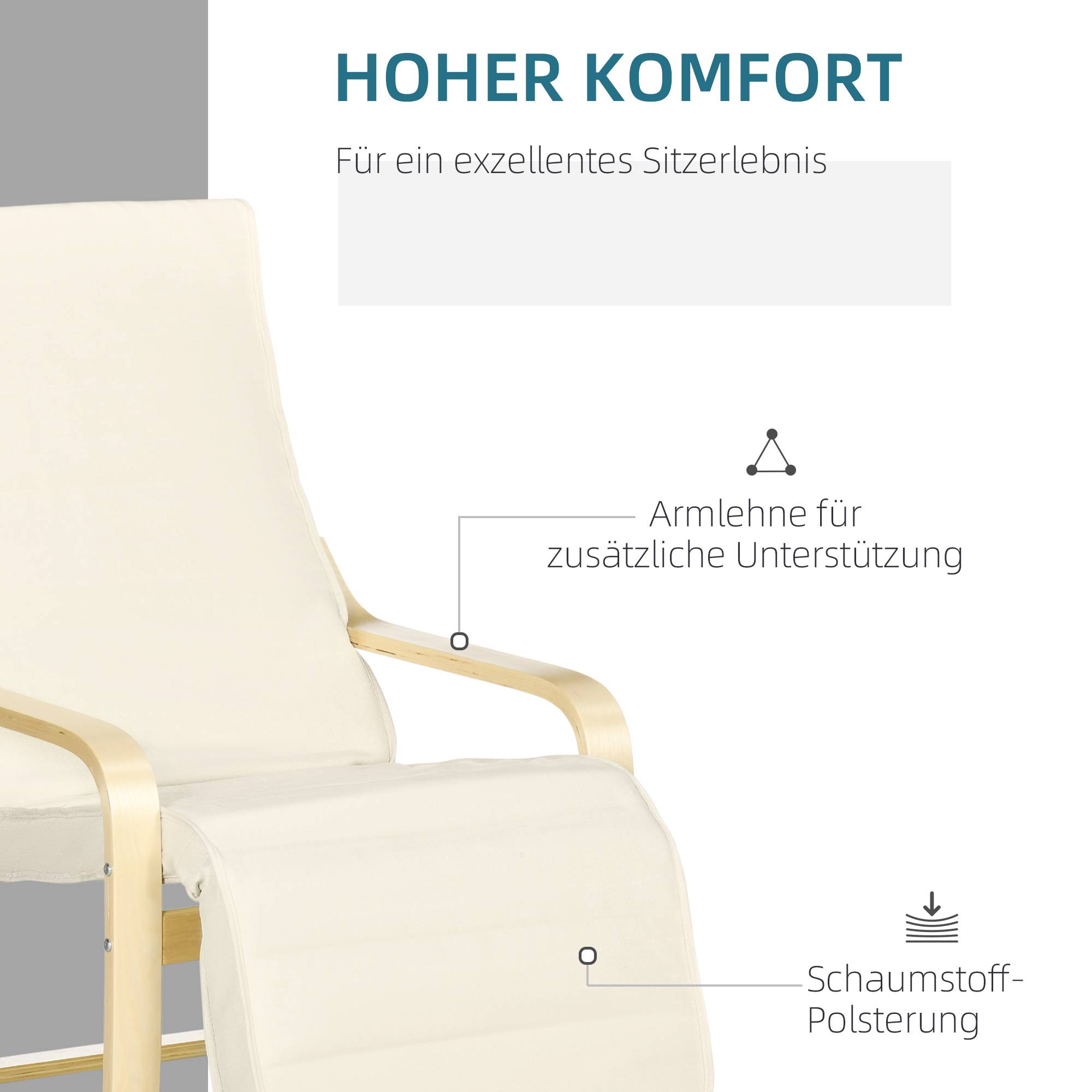 Fauteuil inclinable à bascule, avec repose-pieds réglable, en bois de bouleau, blanc crème - Image 5