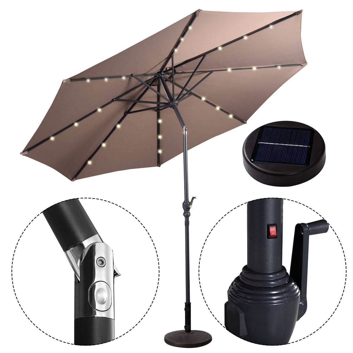 Parasol Inclinable Dia. 300 cm avec 24 Lumières LED Dolaire en Scier Toile Polyester pour Jardin et Terrasse Marron - Image 8