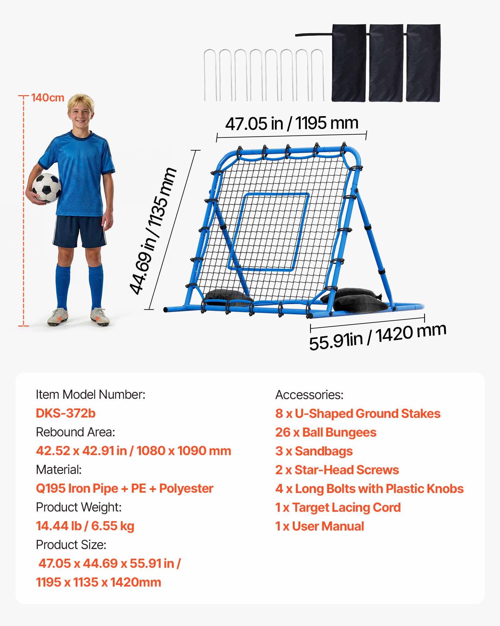 Vevor - VEVOR Filet de rebond de football 119,5x113,5 cm, angles réglables, cadre en fer, filet renforcé pour usage extérieur. - Image 6