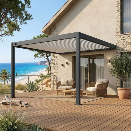 Ombrea - Pergola Bioclimatique Ombréa adossée collection VS 4x4M - Anthracite/Blanc - V2 - Image 9