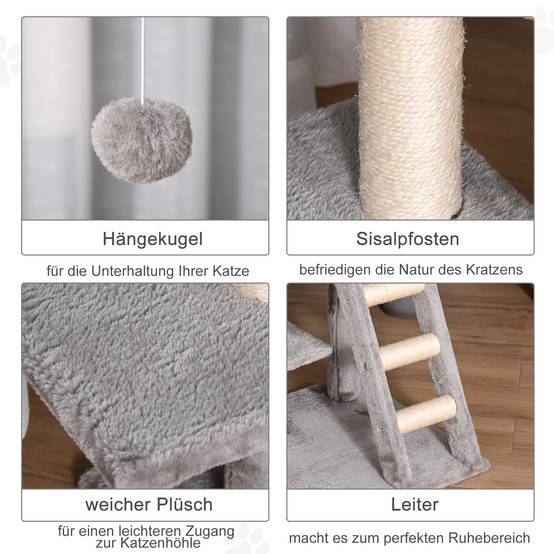 Arbre à chat PawHut 120 cm : grotte, balle, poteaux sisal, plateforme, escalier, gris clair - Image 7