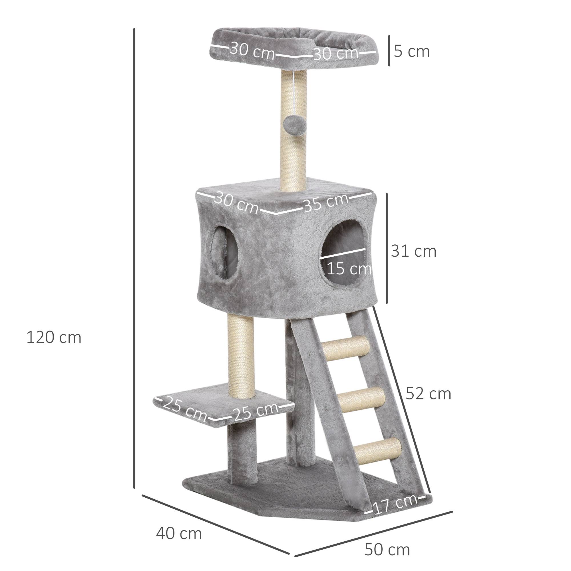 Arbre à chat PawHut 120 cm : grotte, balle, poteaux sisal, plateforme, escalier, gris clair - Image 5