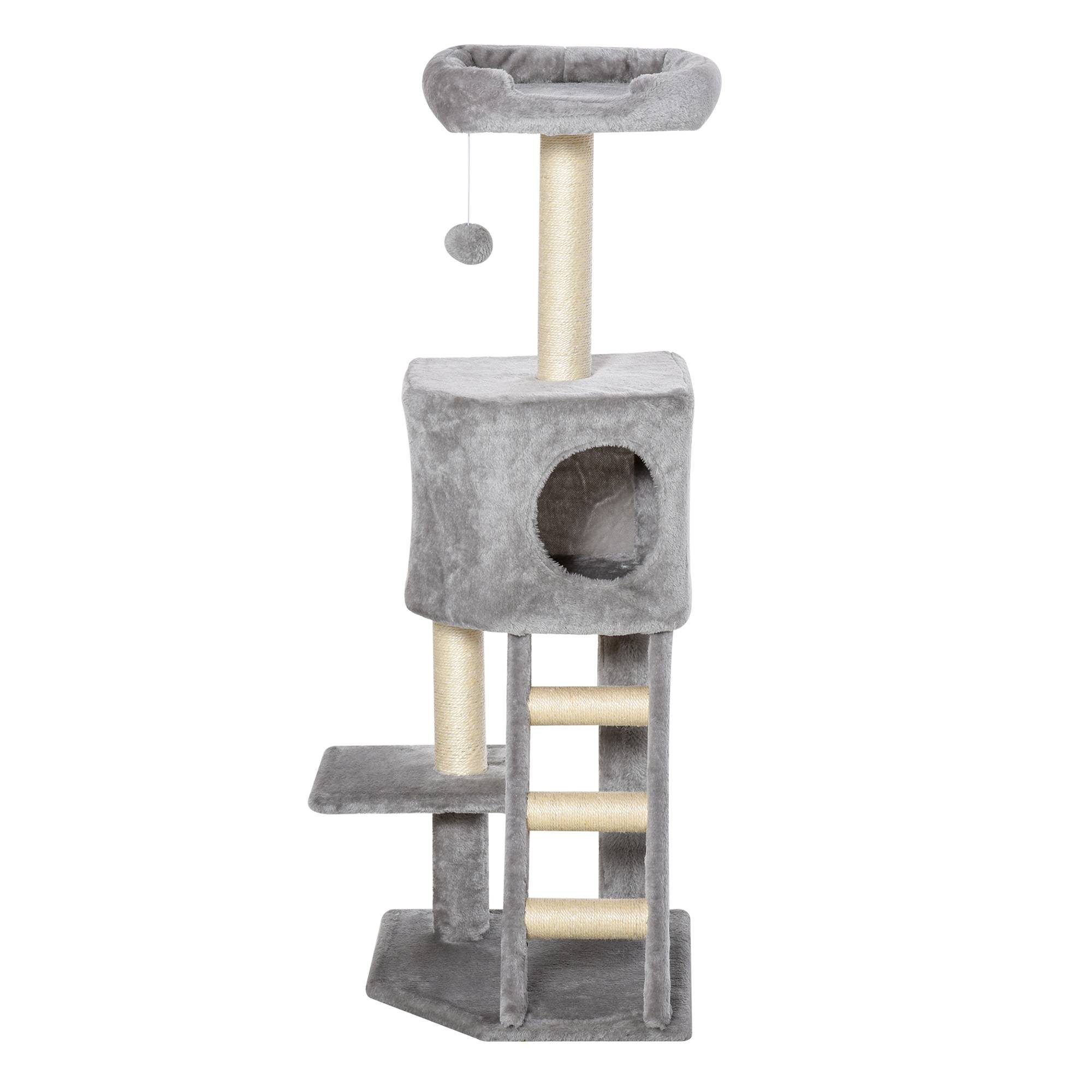 Arbre à chat PawHut 120 cm : grotte, balle, poteaux sisal, plateforme, escalier, gris clair - Image 9