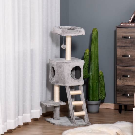 Arbre à chat PawHut 120 cm : grotte, balle, poteaux sisal, plateforme, escalier, gris clair - Image 4