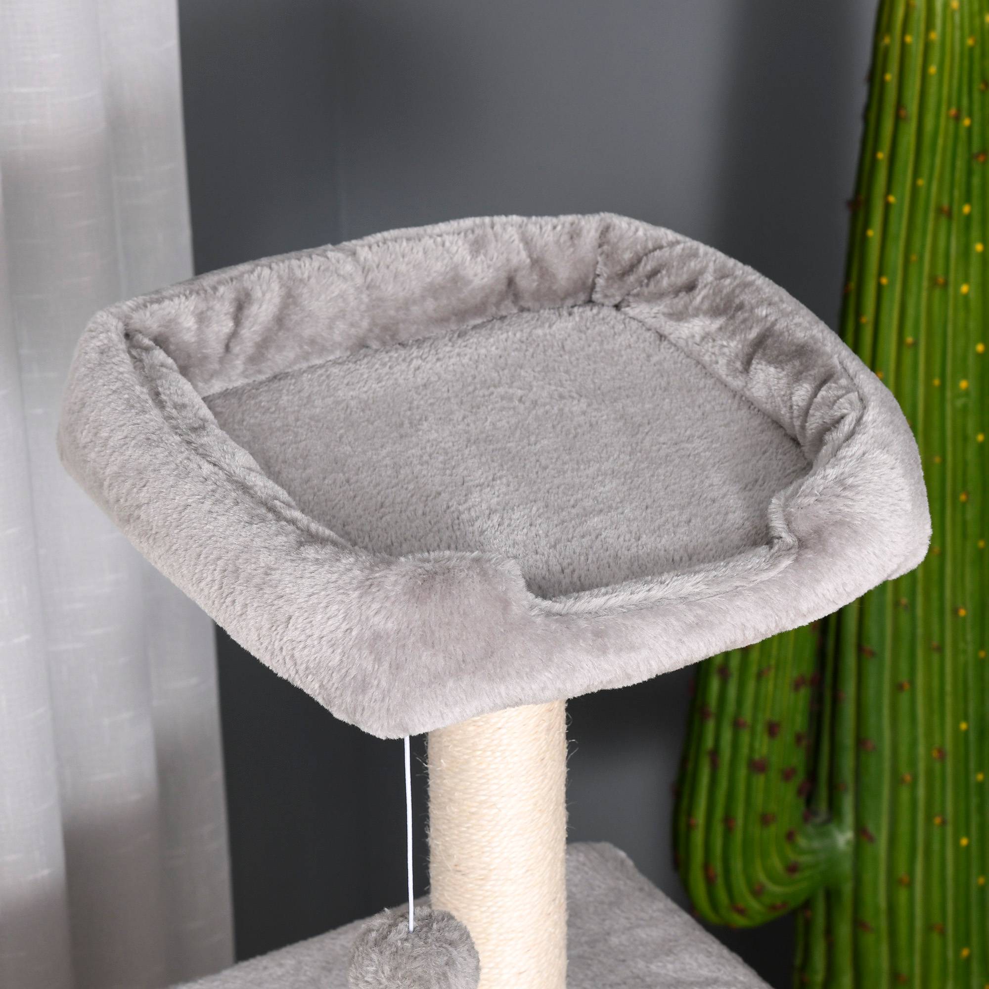 Arbre à chat PawHut 120 cm : grotte, balle, poteaux sisal, plateforme, escalier, gris clair - Image 10