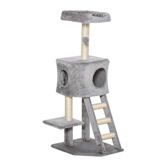 Arbre à chat PawHut 120 cm : grotte, balle, poteaux sisal, plateforme, escalier, gris clair - Image 2
