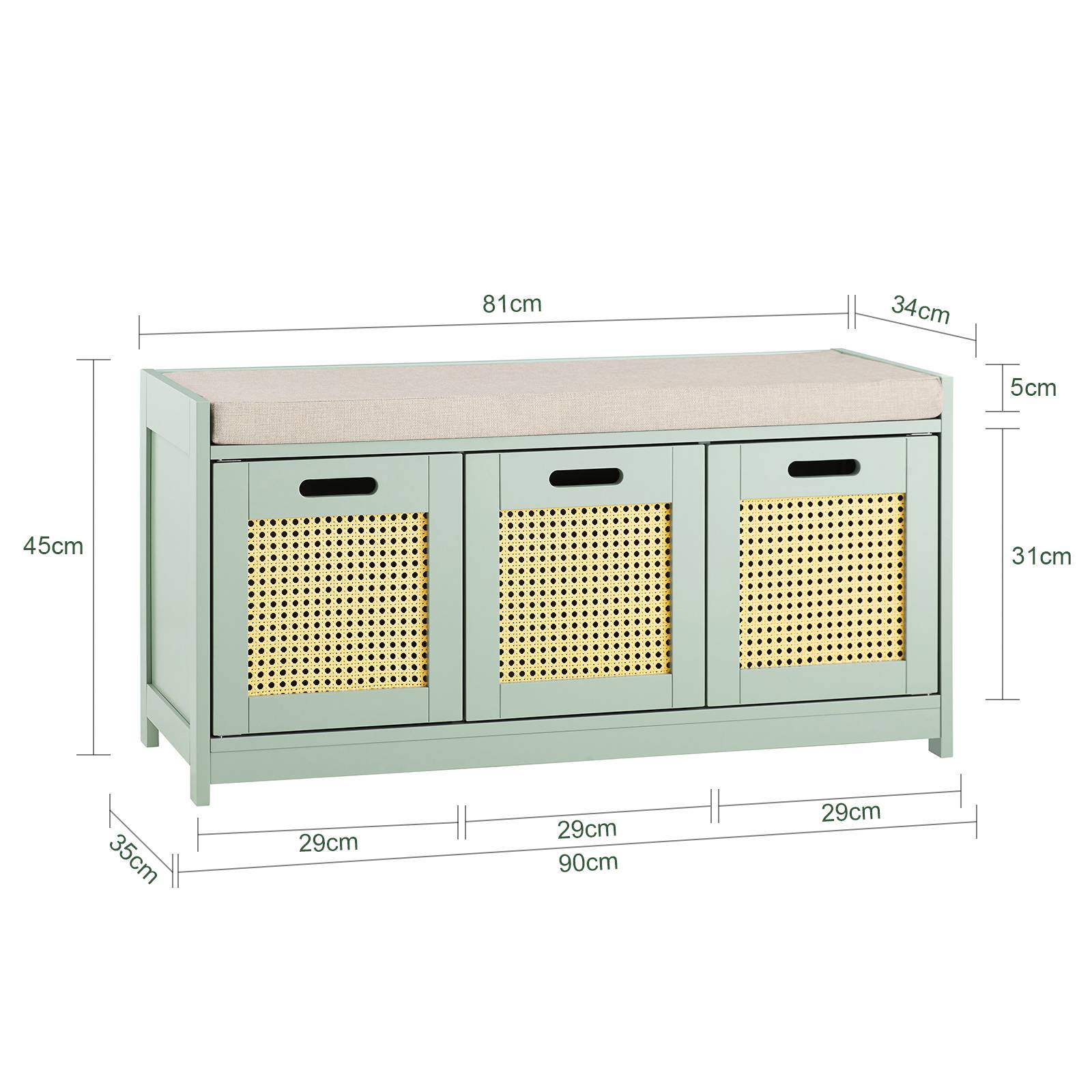 Banc à Chaussures avec 3 Tiroirs, 1 Coussin et 2 Portes Aspect Grille, FSR129-GR, SoBuy