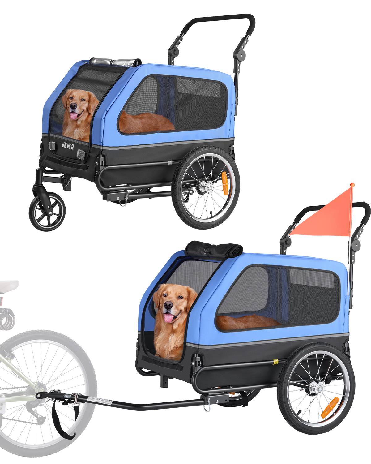 VEVOR Remorque vélo chien poussette pour animaux 2 en 1 40 kg résistant à l'eau - Image 1