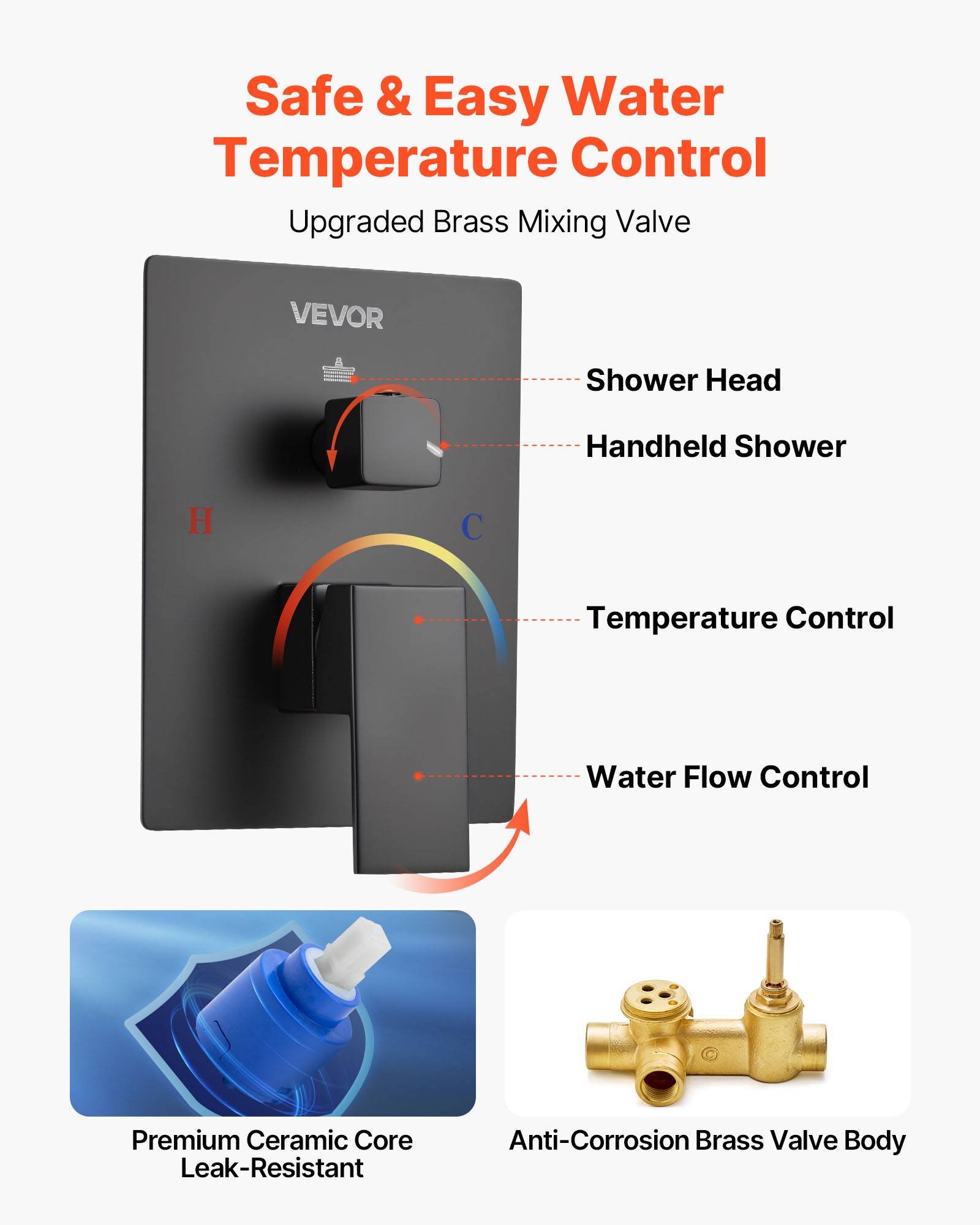 VEVOR Kit Robinet de Douche avec Douchette de Tête 25,4 cm et à Main Noir Mat - Image 5