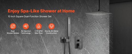 VEVOR Kit Robinet de Douche avec Douchette de Tête 25,4 cm et à Main Noir Mat - Image 9