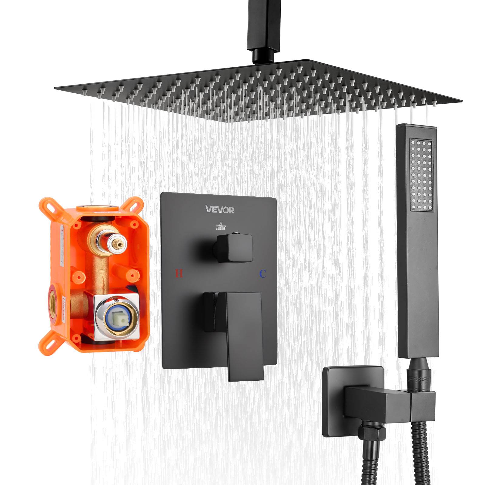 VEVOR Kit Robinet de Douche avec Douchette de Tête 25,4 cm et à Main Noir Mat - Image 1