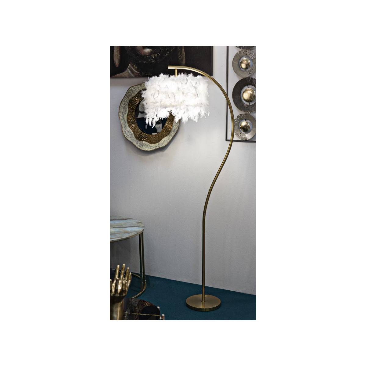Lampadaire Imitation Plume "Semi Arc" 170cm Or & Blanc - Image 5