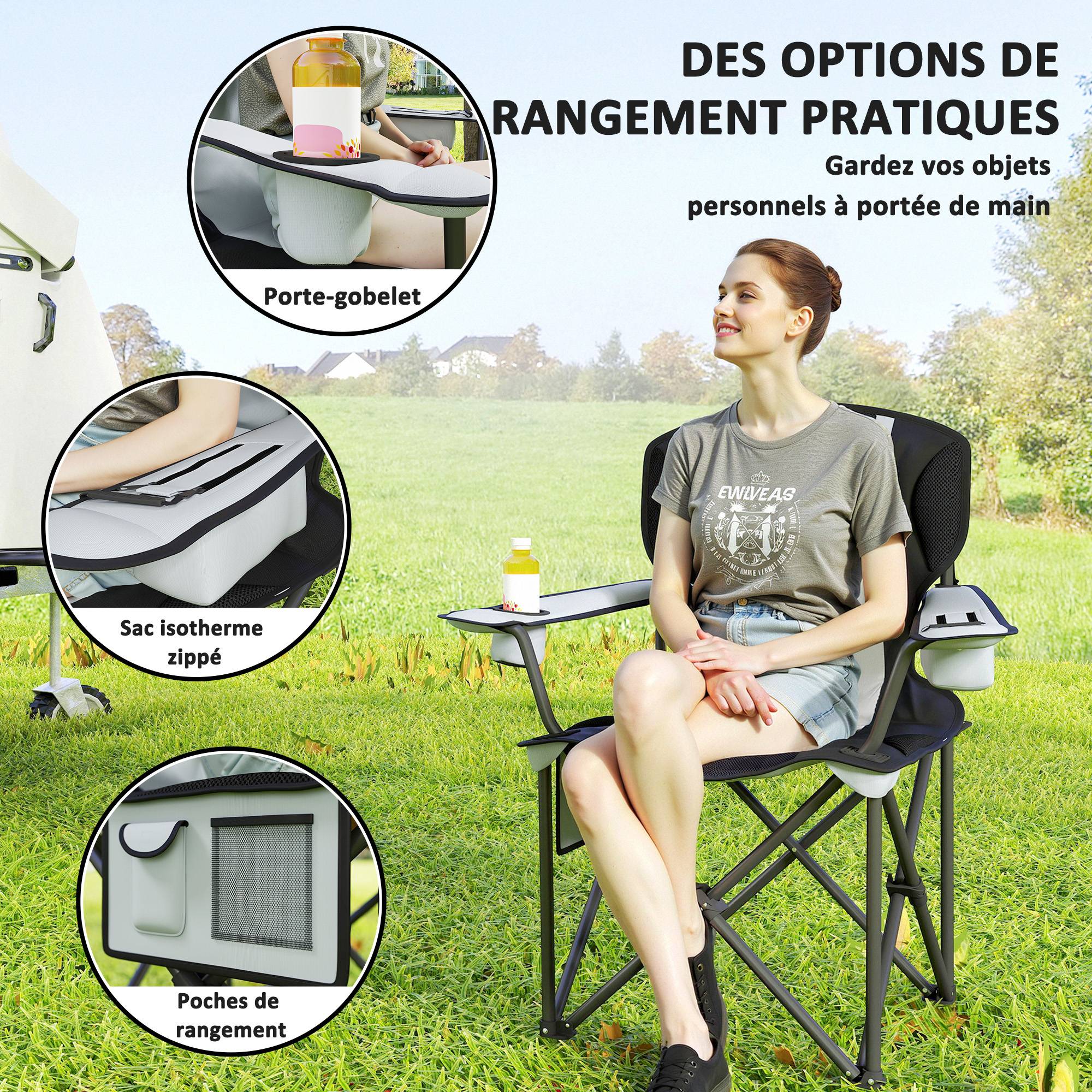 Chaise de camping pliante métal et tissu Oxford noir 94 x 62 x 105 cm - PANGIVO - Image 8