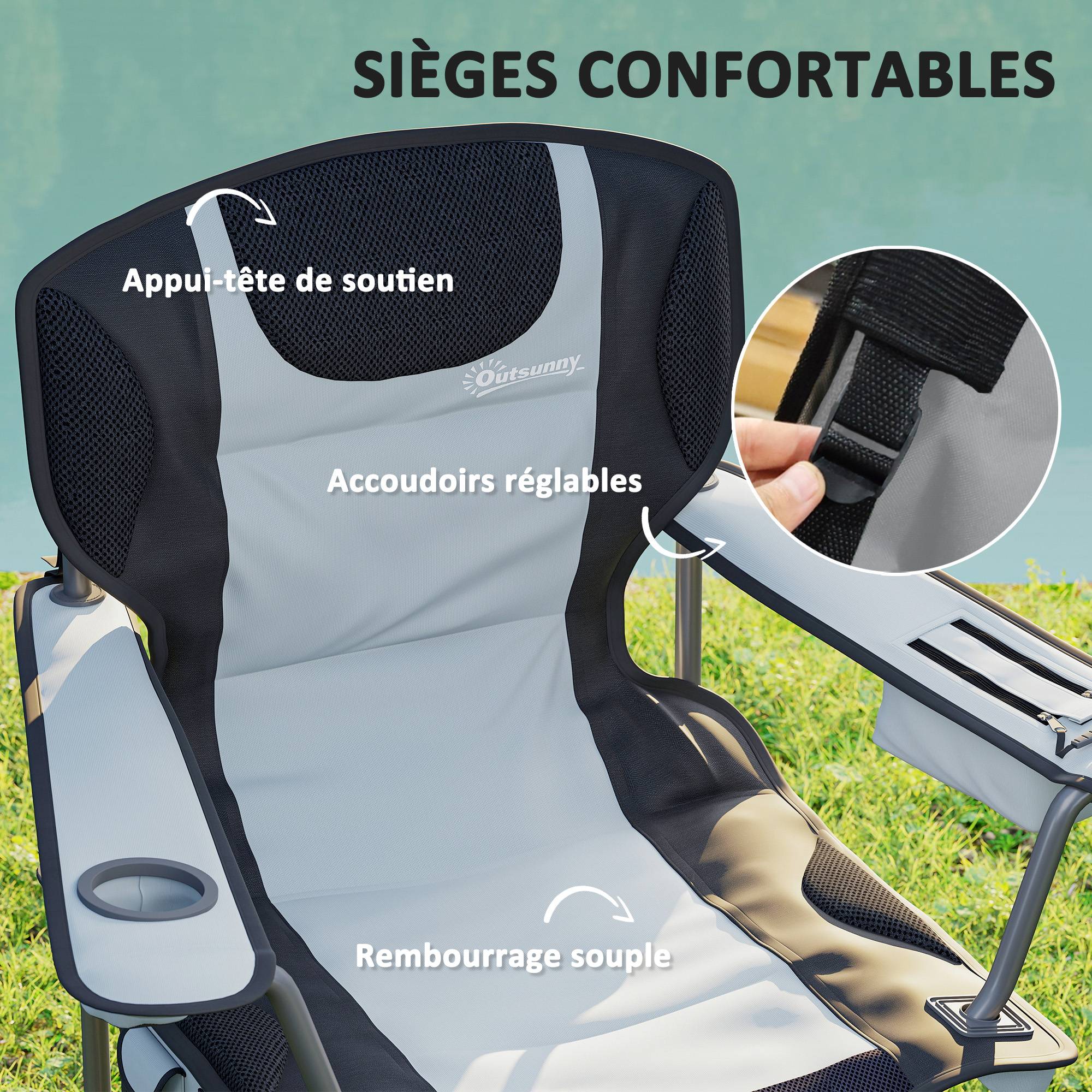 Chaise de camping pliante métal et tissu Oxford noir 94 x 62 x 105 cm - PANGIVO - Image 6