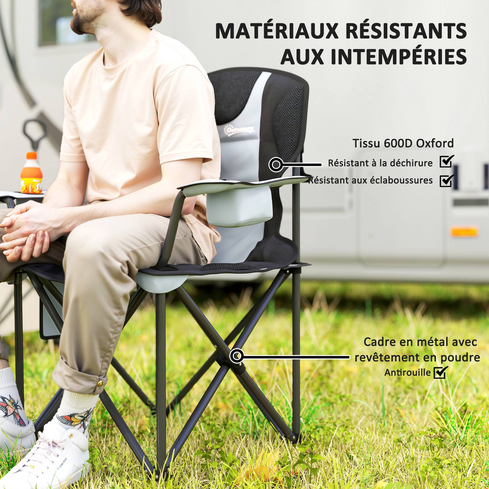 Chaise de camping pliante métal et tissu Oxford noir 94 x 62 x 105 cm - PANGIVO - Image 7