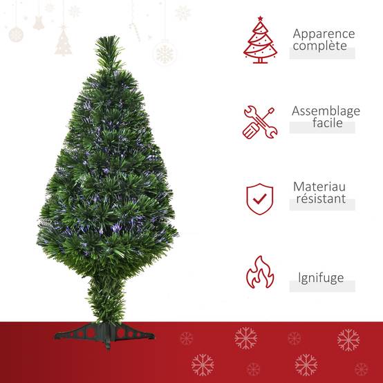 Sapin de Noël Artificiel Lumineux 90H cm Fibre Optique Multicolore + Support Pied 90 Branches Vert - Image 6