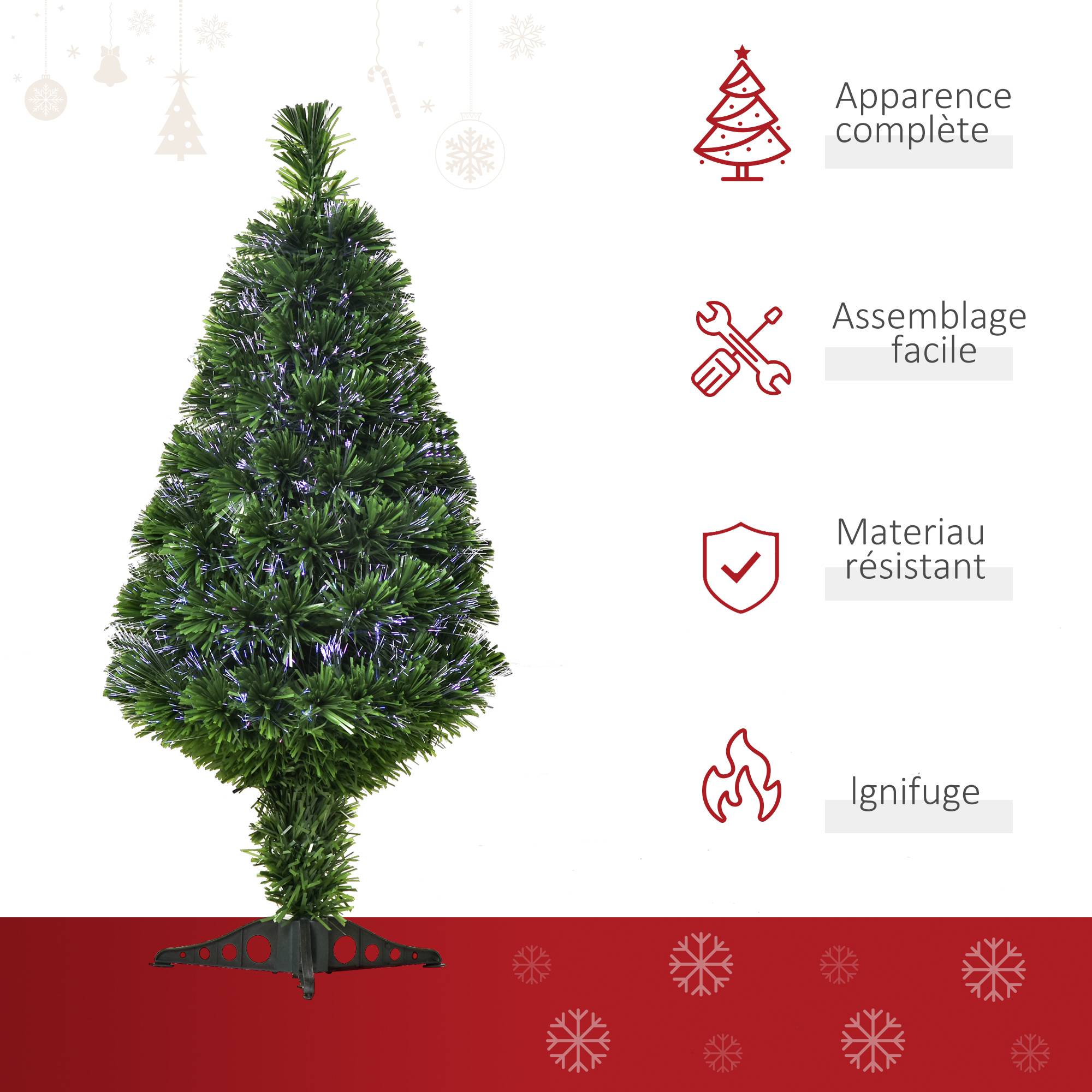 Sapin de Noël Artificiel Lumineux 90H cm Fibre Optique Multicolore + Support Pied 90 Branches Vert - Image 6