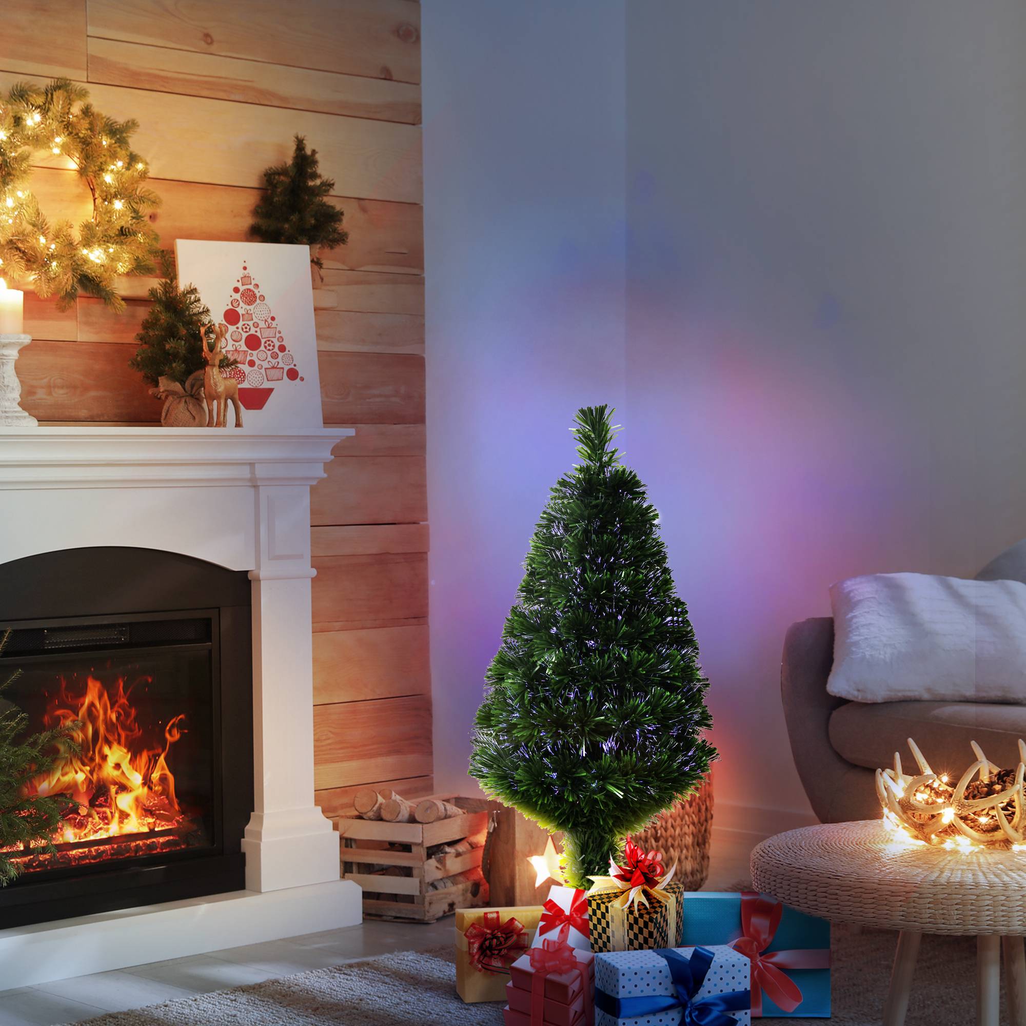 Sapin de Noël Artificiel Lumineux 90H cm Fibre Optique Multicolore + Support Pied 90 Branches Vert - Image 3