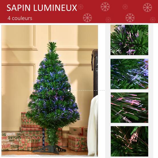 Sapin de Noël Artificiel Lumineux 90H cm Fibre Optique Multicolore + Support Pied 90 Branches Vert - Image 7