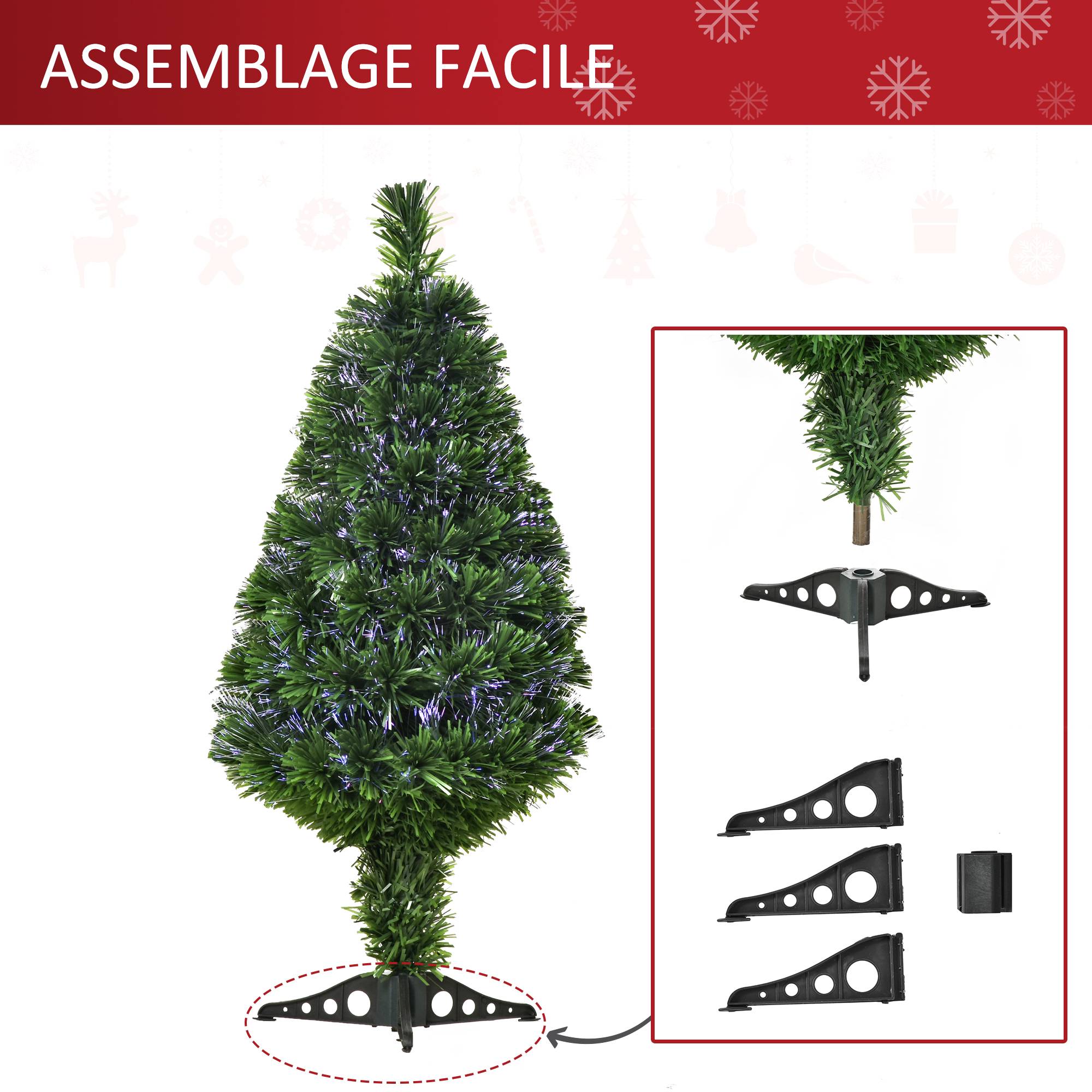 Sapin de Noël Artificiel Lumineux 90H cm Fibre Optique Multicolore + Support Pied 90 Branches Vert - Image 8