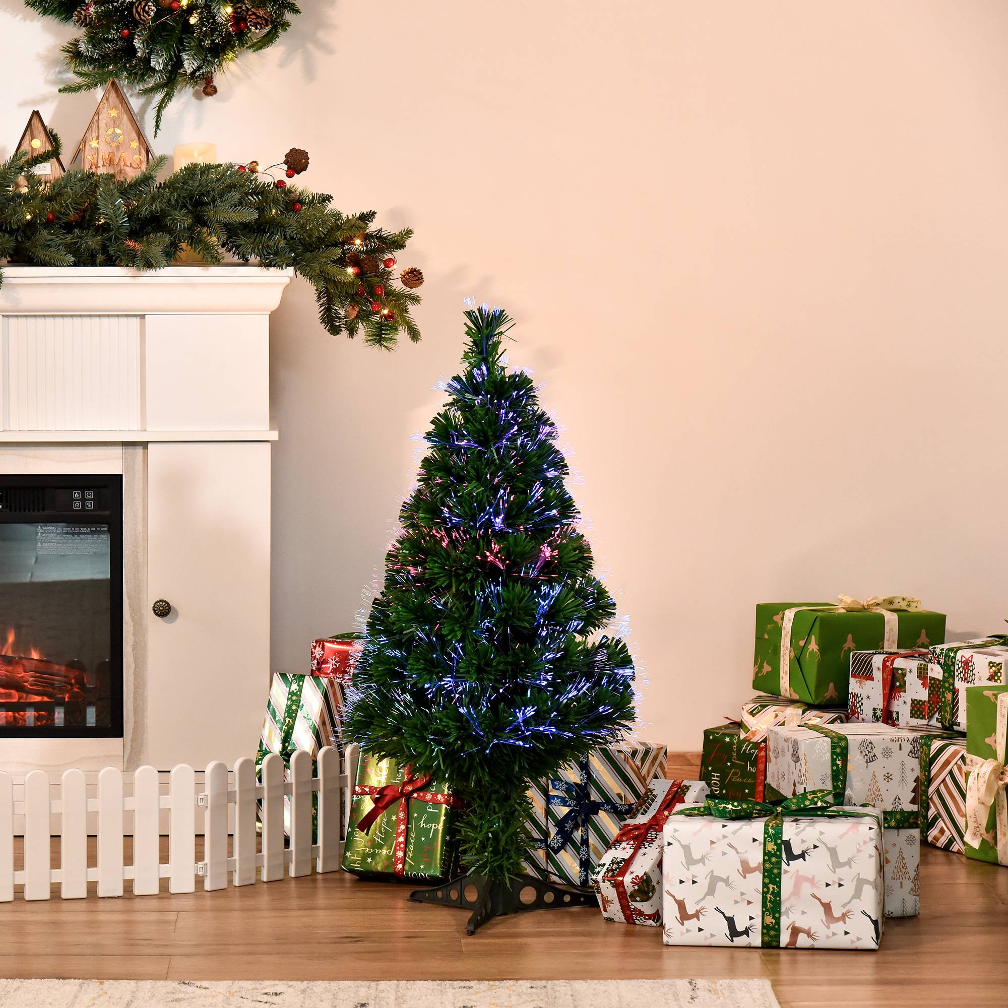 Sapin de Noël Artificiel Lumineux 90H cm Fibre Optique Multicolore + Support Pied 90 Branches Vert - Image 4