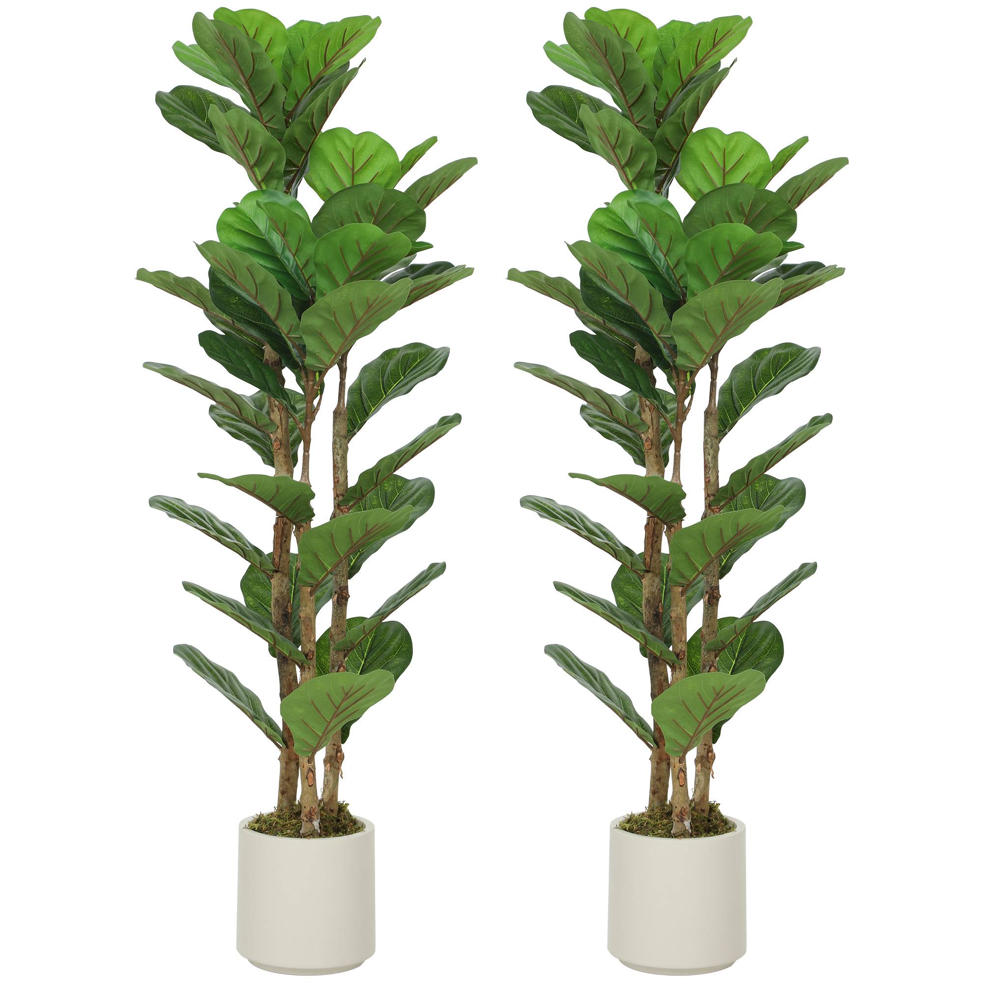 Sans Marque - Lot de 2 plantes artificielles 120 cm Figuier lyre arbre artificiel avec pot en plastique et tronc en bois massif, vert