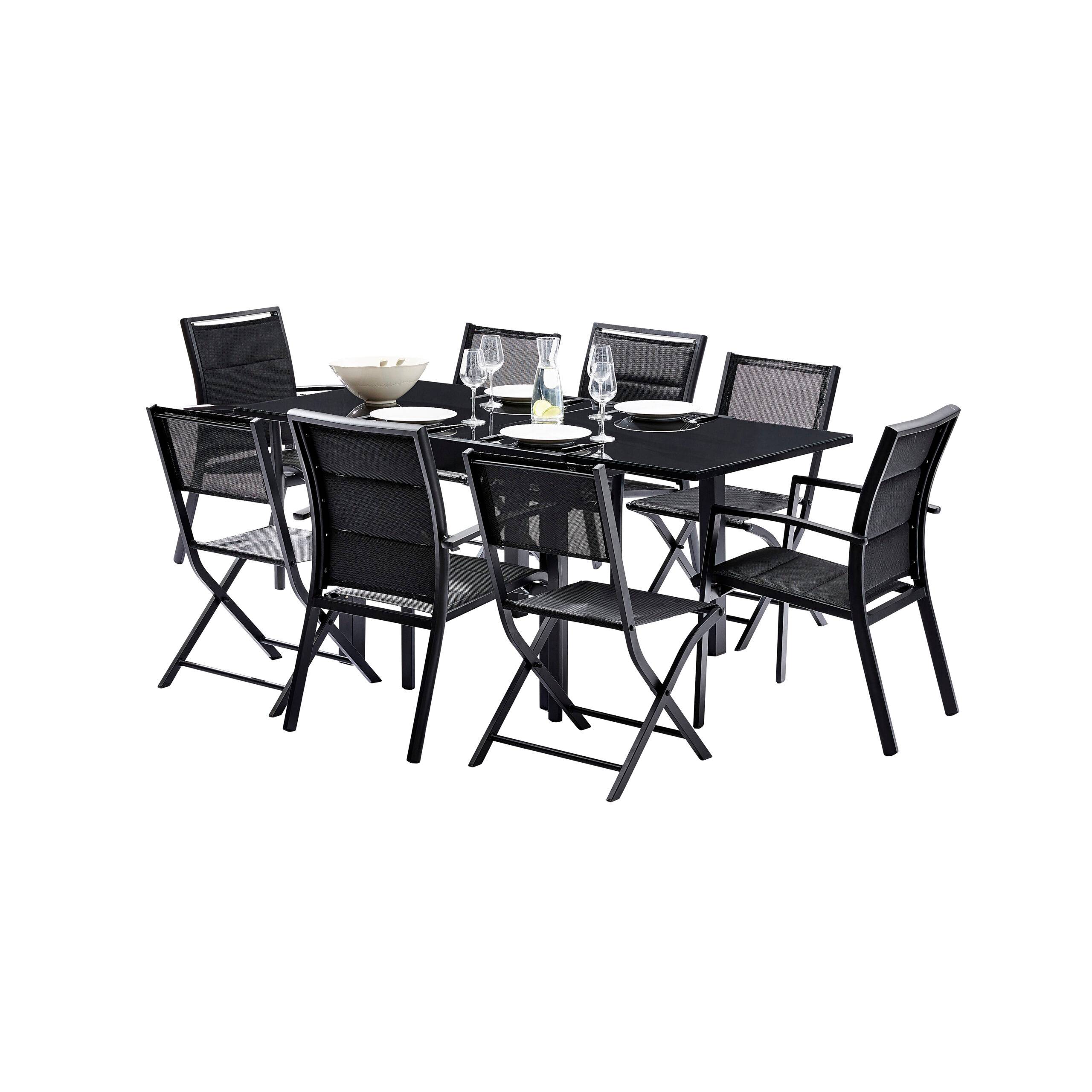 Wilsa Garden - Ensemble MODULO 4/8p en aluminium noir et verre noir modulable, 4 fauteuils et 4 chaises pliantes - Imagen 1