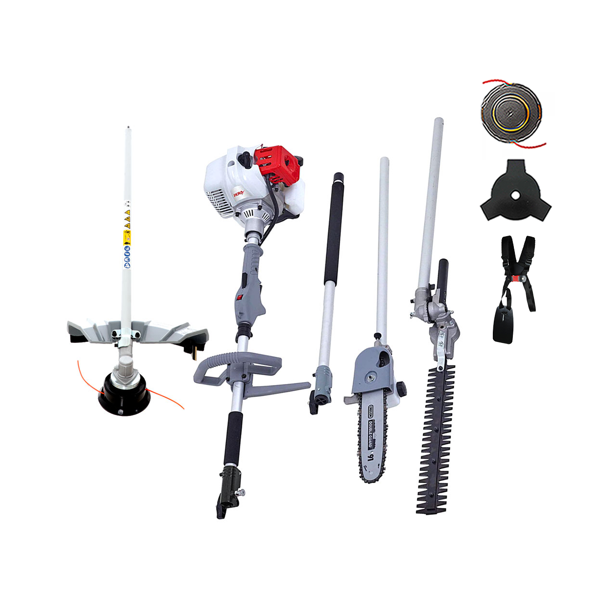Ikra - Outils de Jardin Multifonction Thermique 4en1 Taille haie + Élagueuse + Débroussailleuse (lame et bobine) Harnais Confort IKRA