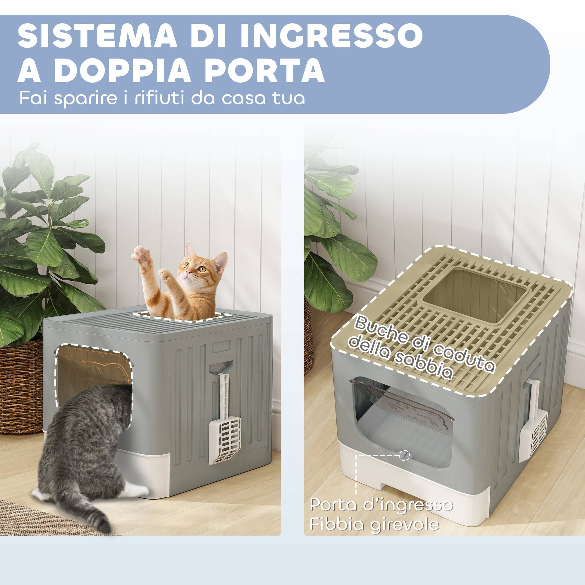 Litière fermée M 60L avec couvercle, bac amovible, pelle, anti-fuite, facile à nettoyer, gris - Image 9