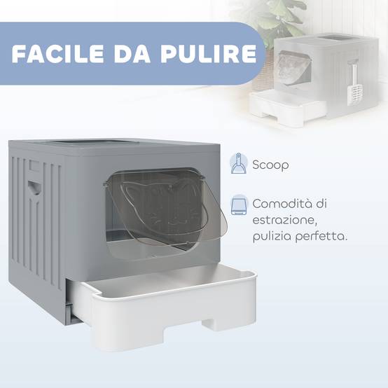 Litière fermée M 60L avec couvercle, bac amovible, pelle, anti-fuite, facile à nettoyer, gris - Image 6