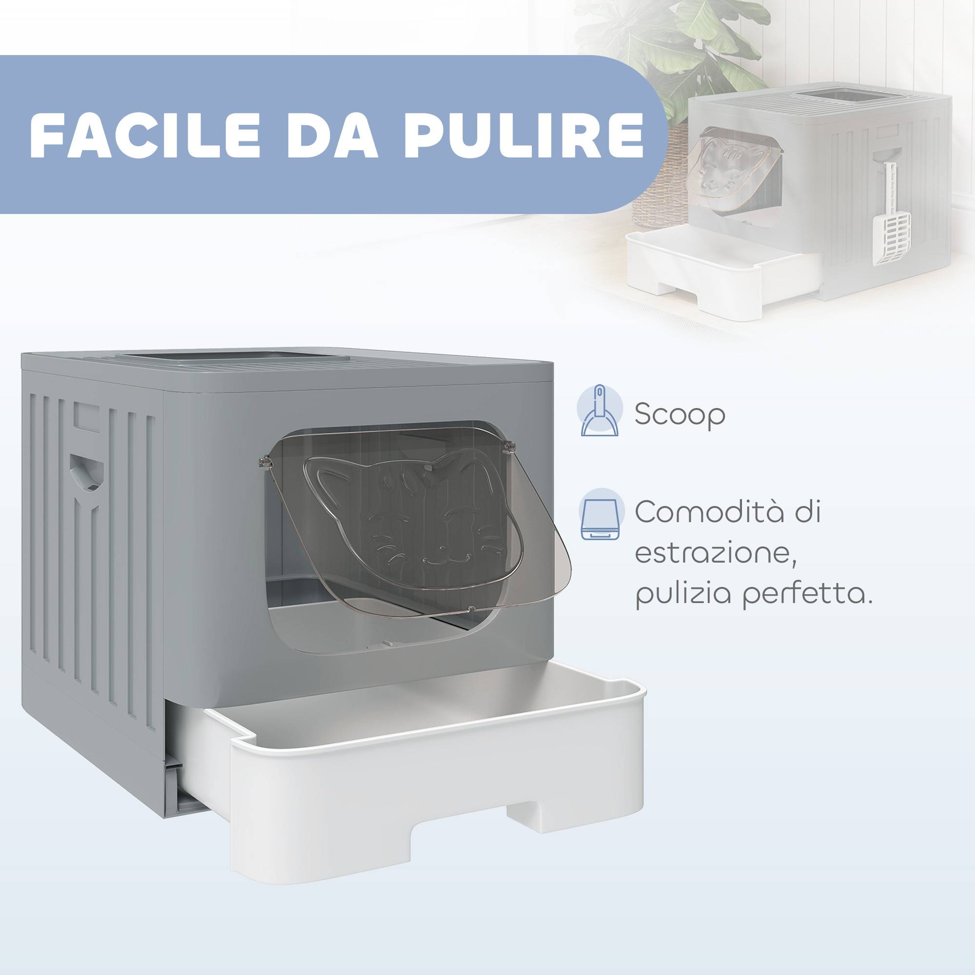 Litière fermée M 60L avec couvercle, bac amovible, pelle, anti-fuite, facile à nettoyer, gris - Image 6